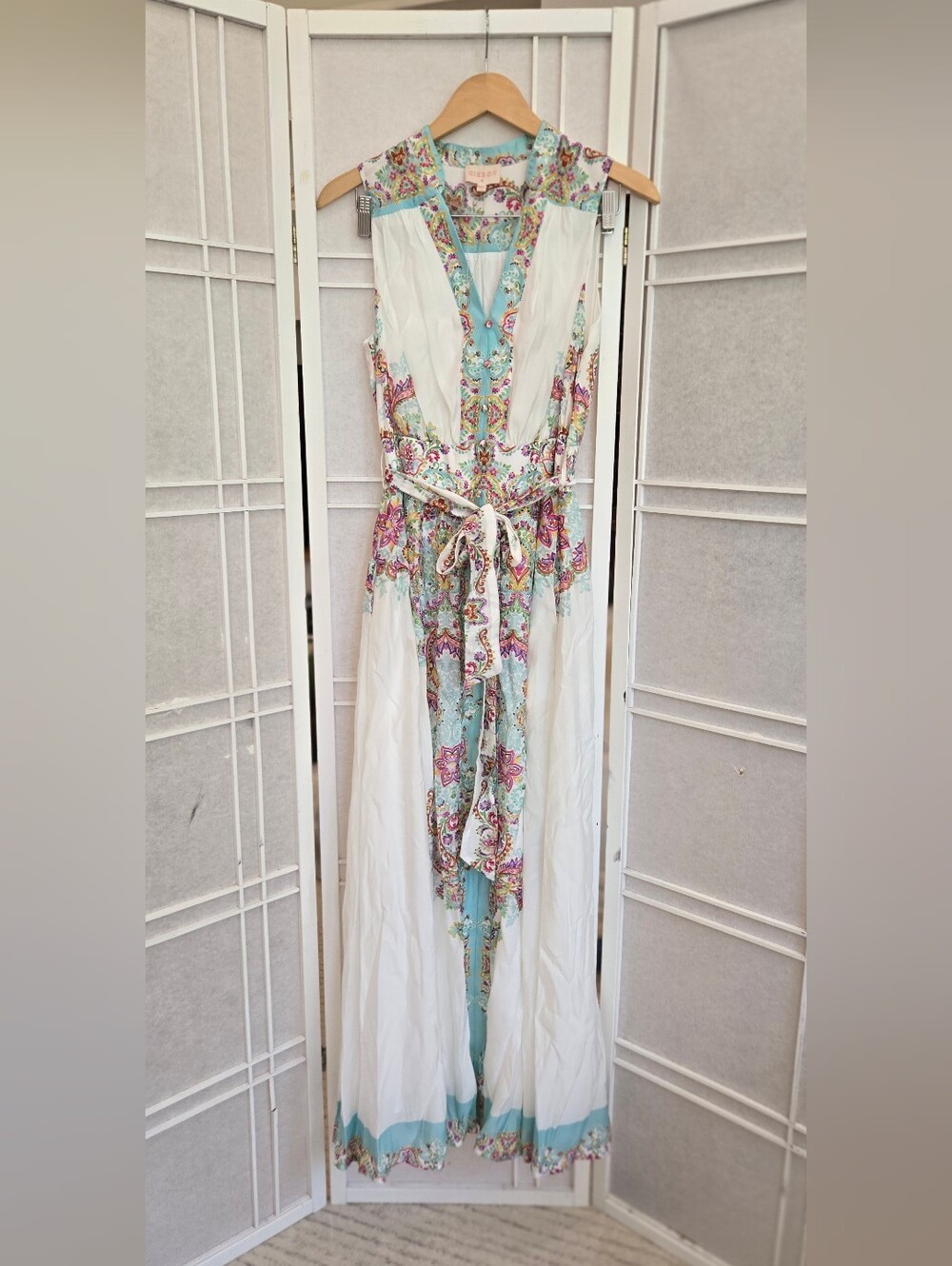 Sleeveless White Maxi Dress with Aqua & Pink Paisley Trim